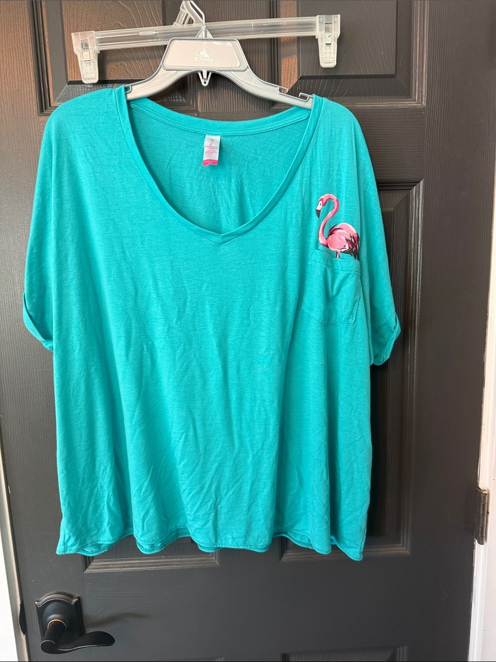 Women’s Teal V-Neck Top with Pink Flamingo Detail